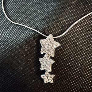 Sparkly Superstar Silver Toned Necklace W/ 3 Pav’e Clear Stone Graduated Stars